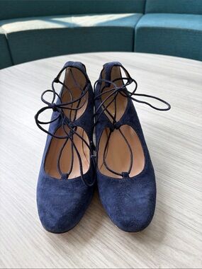 Navy Suede Lace-Up Round Toe Heels